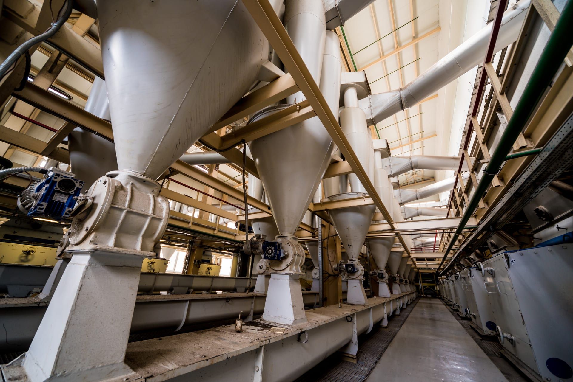 Línea de proceso con tolvas y transportadores en el interior de una planta industrial