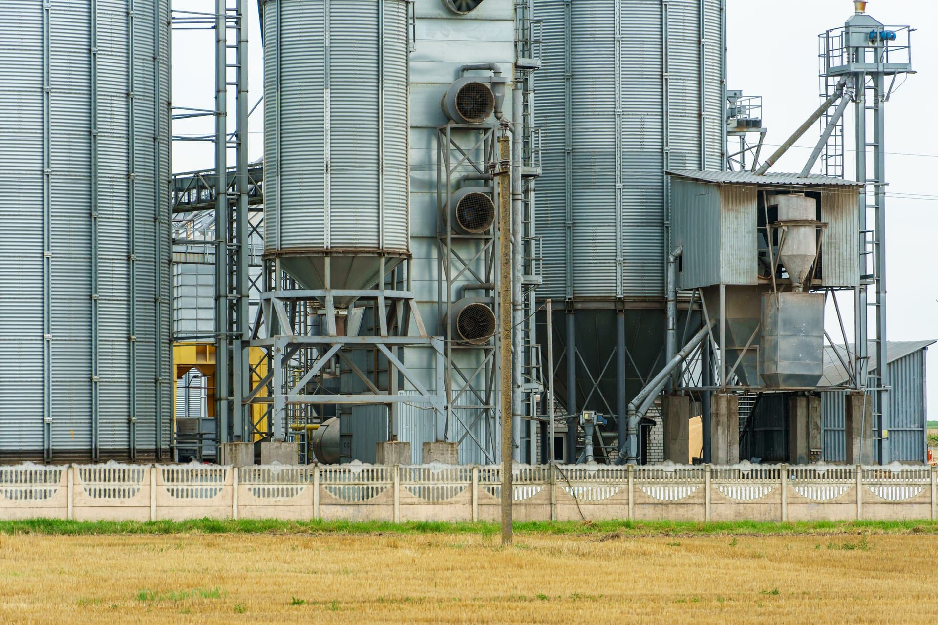 Planta de almacenamiento de grano junto a un campo de trigo