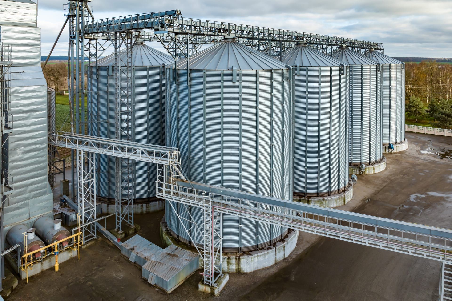Silos de grano con transportadores y pasarelas en una planta industrial